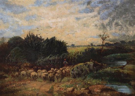 Attributed to David Cox (1783-1859) Shepherd and flock in a landscape, 15.5 x 21in.